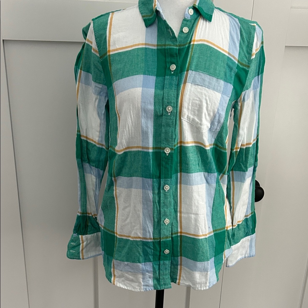 J. Crew Factory Green and White Plaid Women's Button Down Flannel Shirt